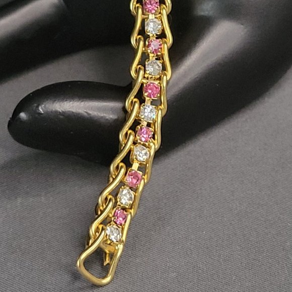 Womens Gold Tone Pink Clear Crystal Caged Tennis Fashion Bracelet 6 1/2 in - Picture 3 of 6
